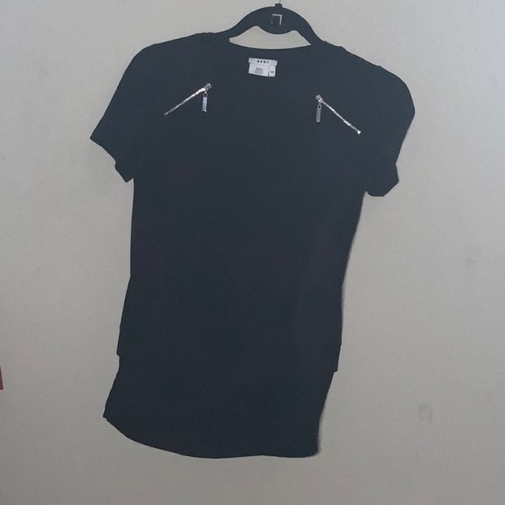 Dkny Black Short Sleeve Tee with Silver Zipper Accents
